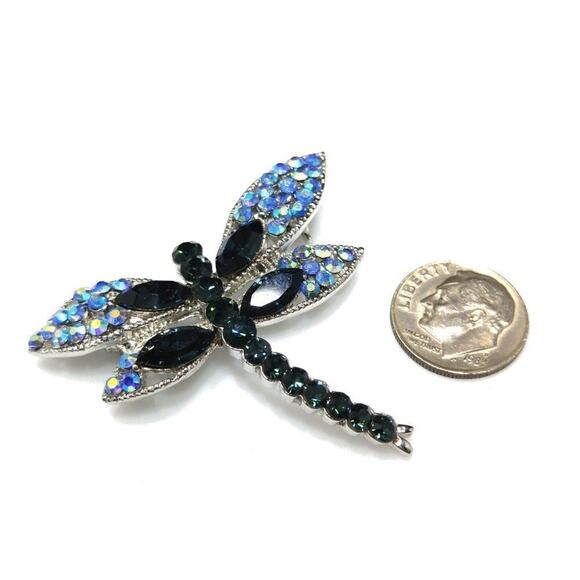 Dragonfly Brooch, Aurora Borealis, Deep Green Rhinestones, Silver Tone, 1 1/2 In - Picture 7 of 8